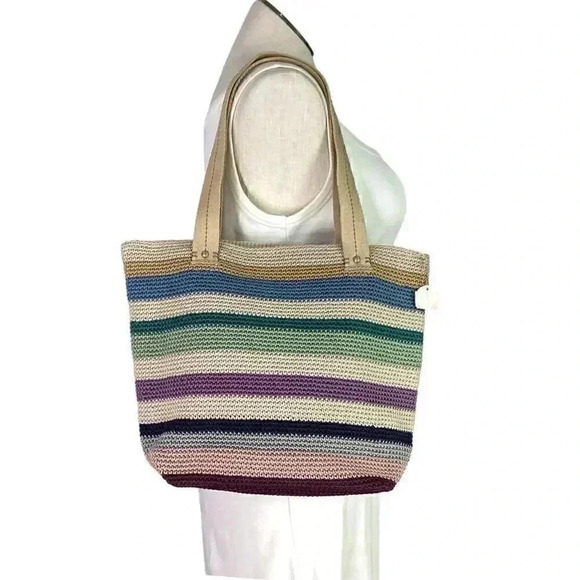 The Sak Mendocino Tote Large Multi Stripe Crochet Double Strap Zip Top Vegan NEW - Picture 6 of 14